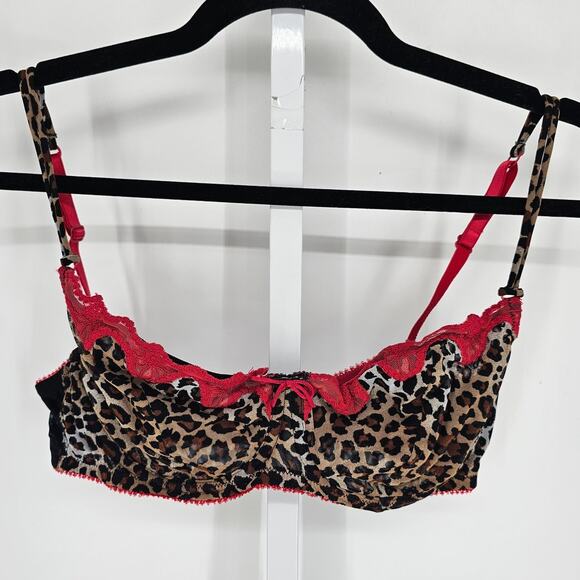Vtg Cassandra Intimates Sz 38C Semi Sheer Demi Bra Leopard Print Red Trim - Picture 1 of 4